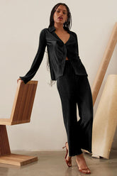 Textured Button Up Collared Neck Top and Pants Set OutfitFlow
